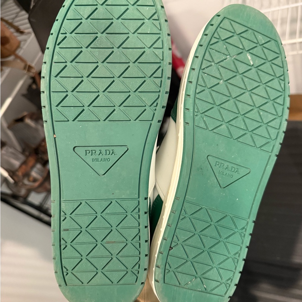 Prada White and Green Leather Sneakers - Picture 2 of 8